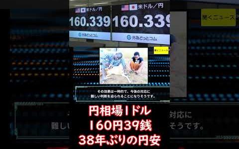 【速報】  ＝160円39銭　38年ぶりの  水準更新で為替介入への警戒感高まる