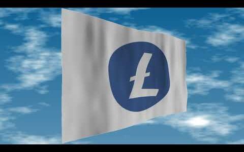 Litecoin ライトコイン　ロゴの旗がはためいています。背景には雲が流れています。