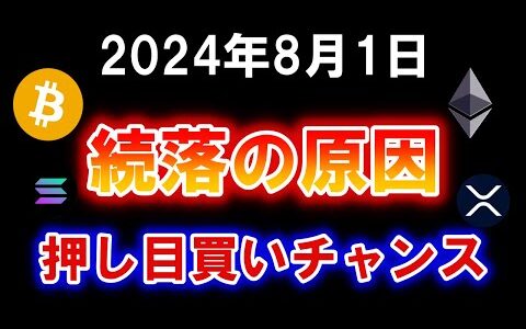 ビットコインなどの続落の原因は？XRPは好調で100円突破も反落へ！ただソラナなどを含め押し目買いのチャンス【2024年8月1日 BTC ETH SOL XRP】